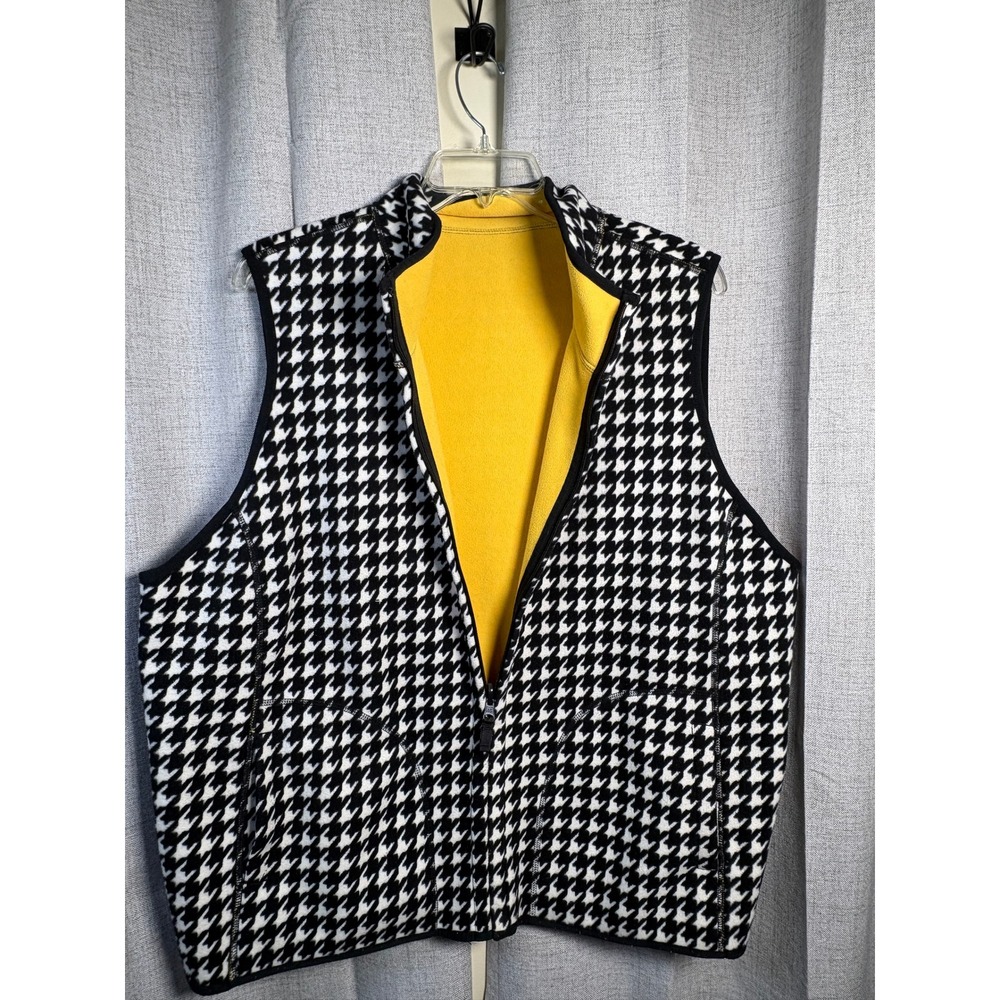 Reversible Fleece Vest Womens Houndstooth Black White Yellow Full Zip Mock Neck